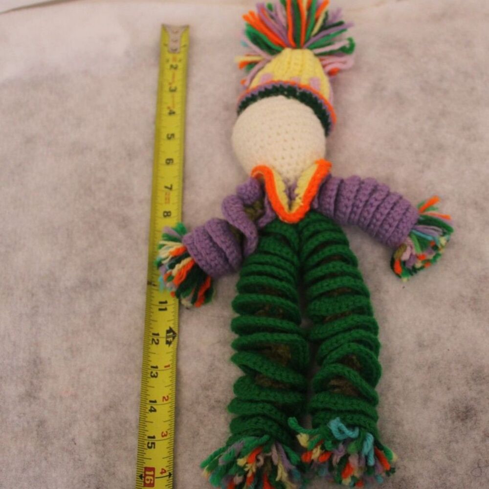 Vintage Handmade Crochet Curlicue Clown Doll Colorful Spring Leg Pom Pom Toy 15"